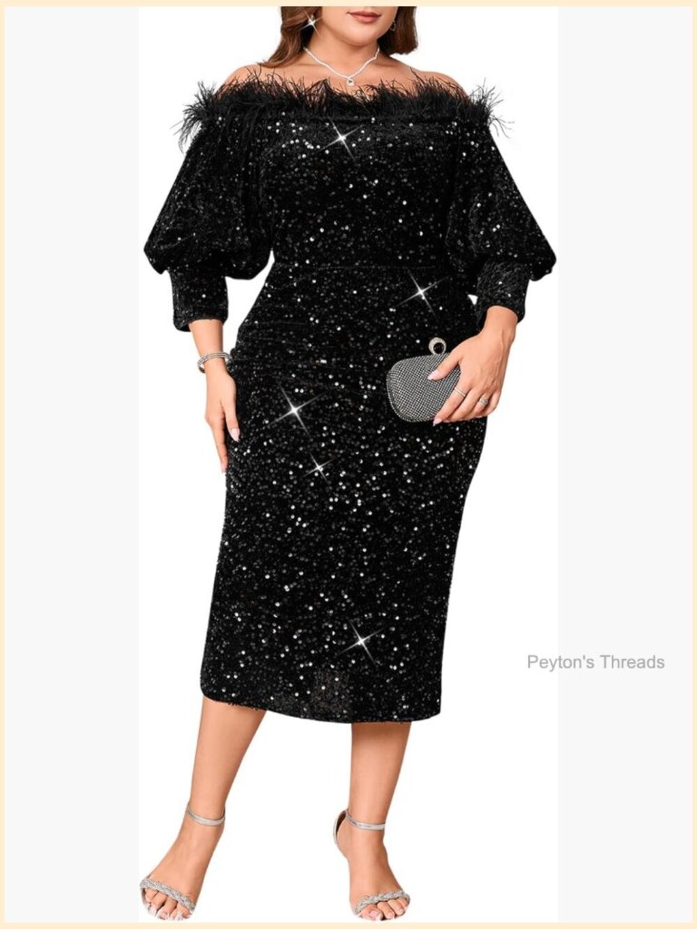 Sexy Sequin Off The Shoulder Puff 3/4 Sleeve Bodycon Midi Dress